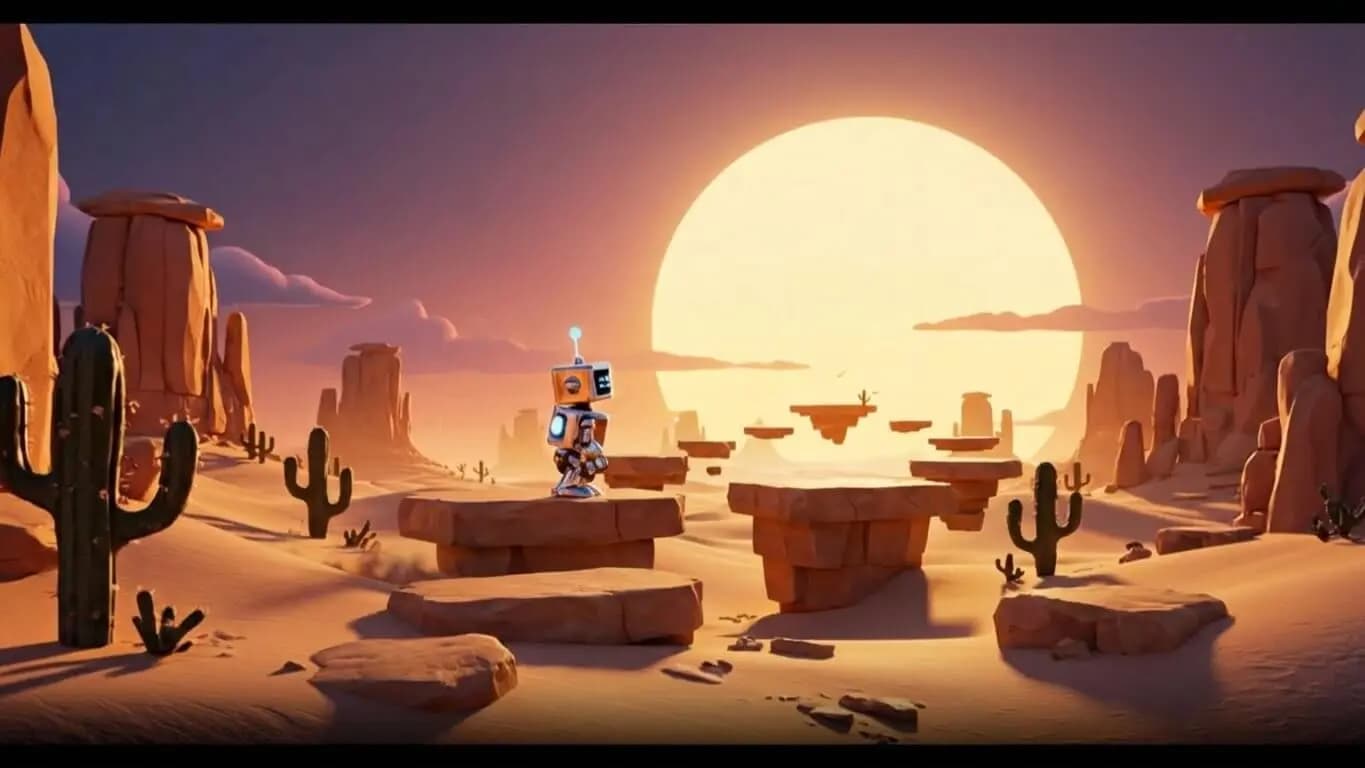 Minimalist 3D robot game created in Orio set in a desert wasteland.