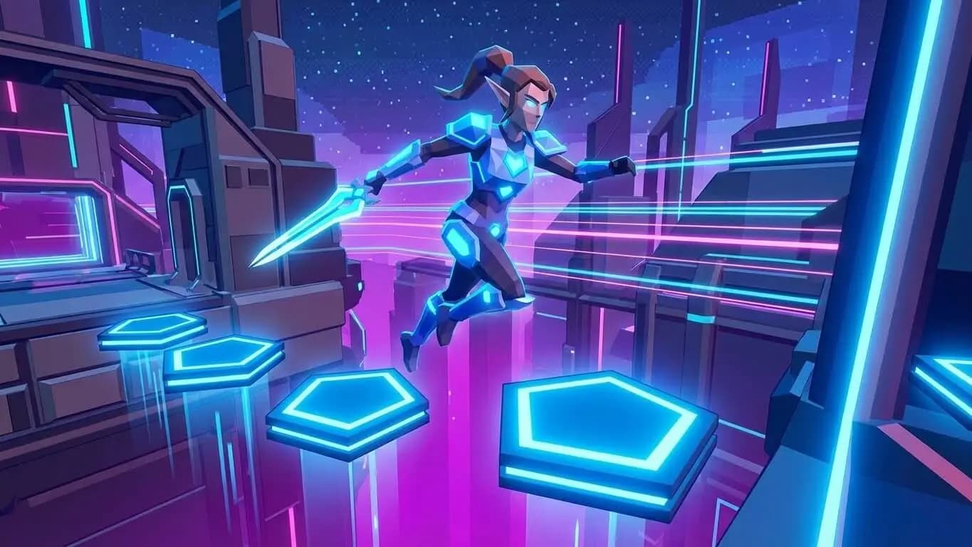AI-generated 3D platformer on Orio with a futuristic elf character jumping between neon rooftops.
