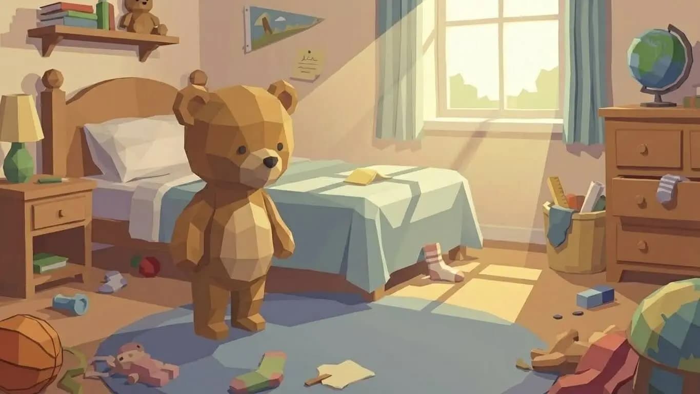 Interactive 3D bedroom scene made in Orio showcasing game mechanic of collection to tidy the room.