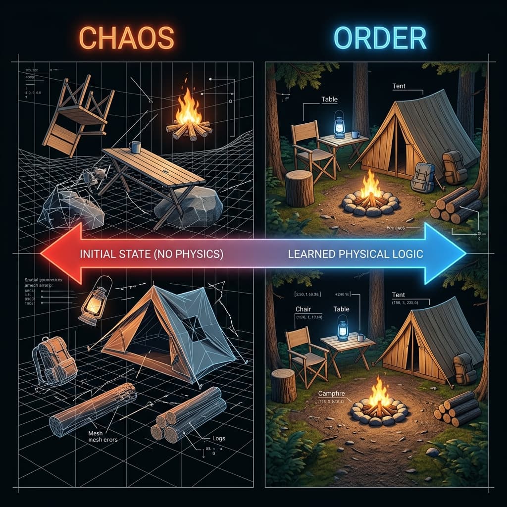Training progression from spatial chaos to physics-coherent 3D world generation