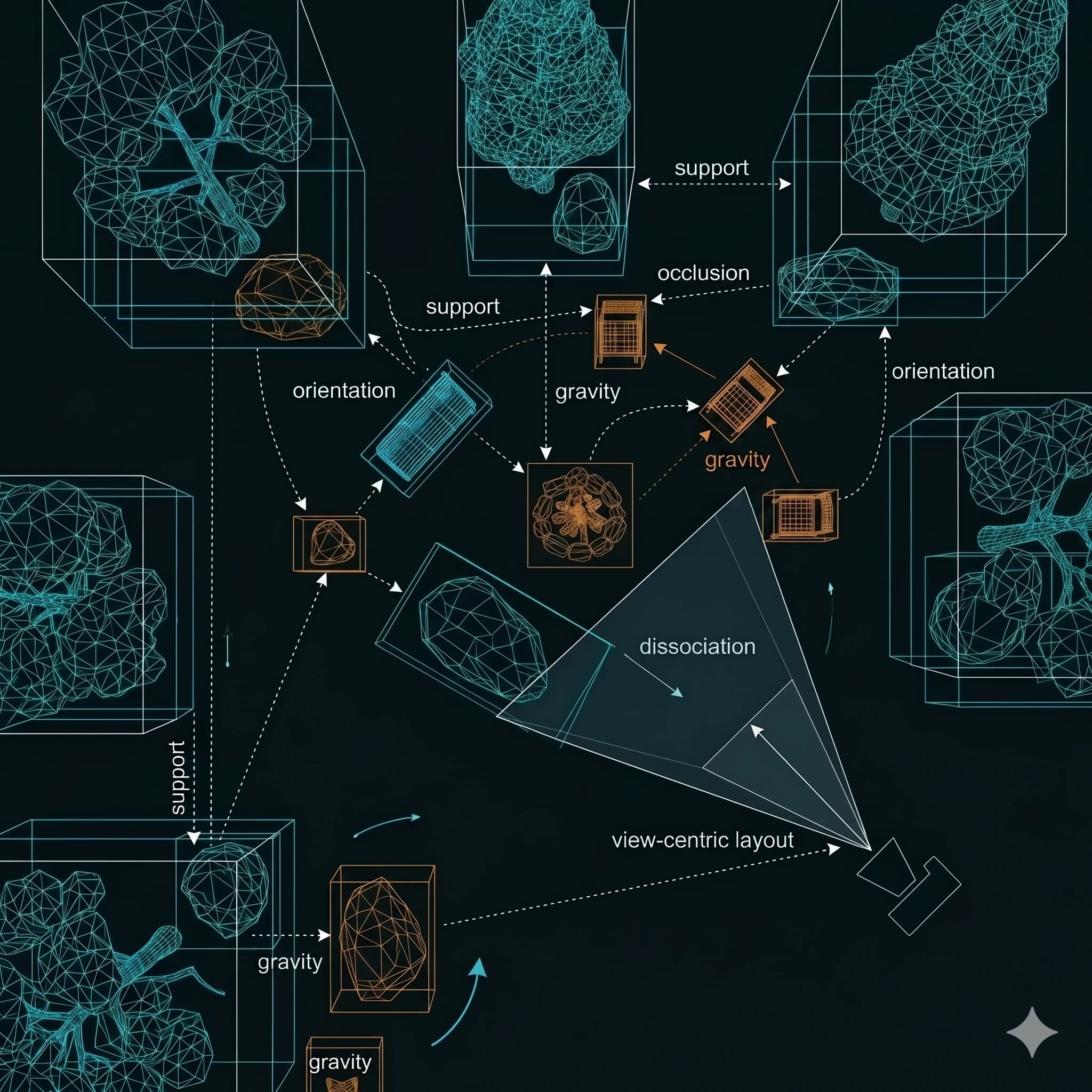 Object dependency graph with support, gravity, orientation, and occlusion relationships